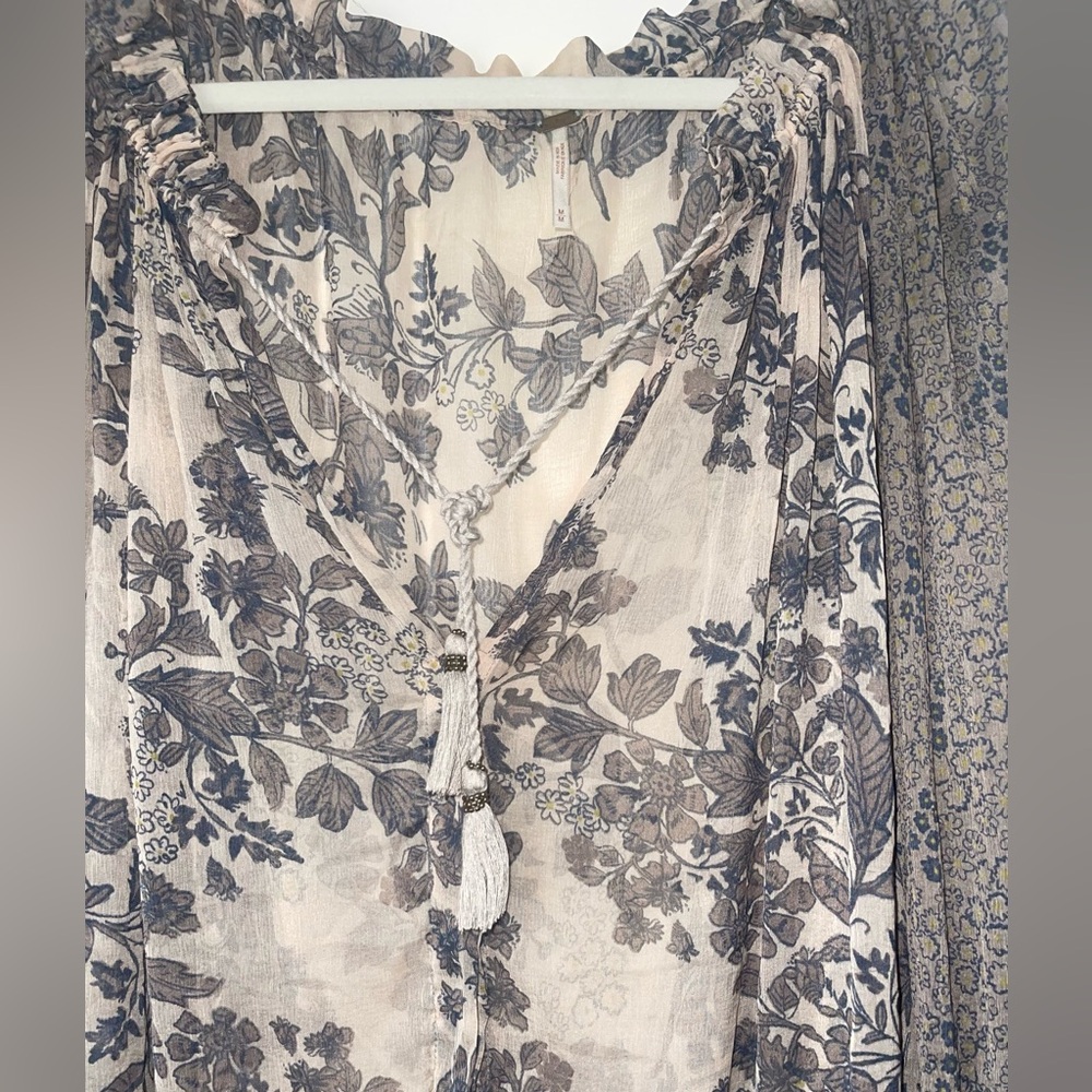Free People Hendrix Sheer contrast print button down blouse bohemian peasant M - Picture 3 of 8